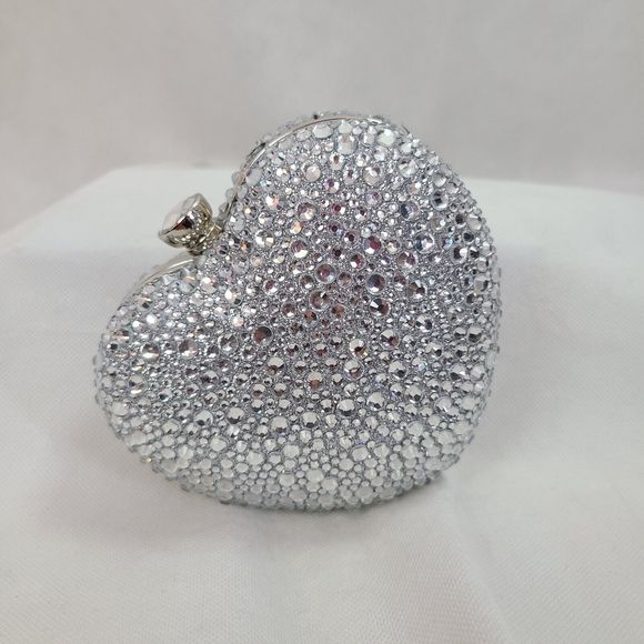 RAMLA Silver Heart Shape Crystal Clutch Purse Handle/Chain Prom
